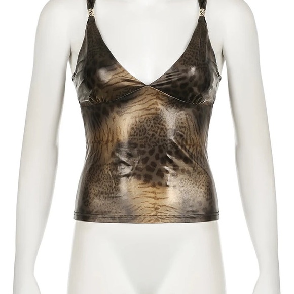 Vintage Leopard Print Gold Y2K Aesthetic Sleeveless Crop Tops Women Sexy Top - Picture 5 of 6